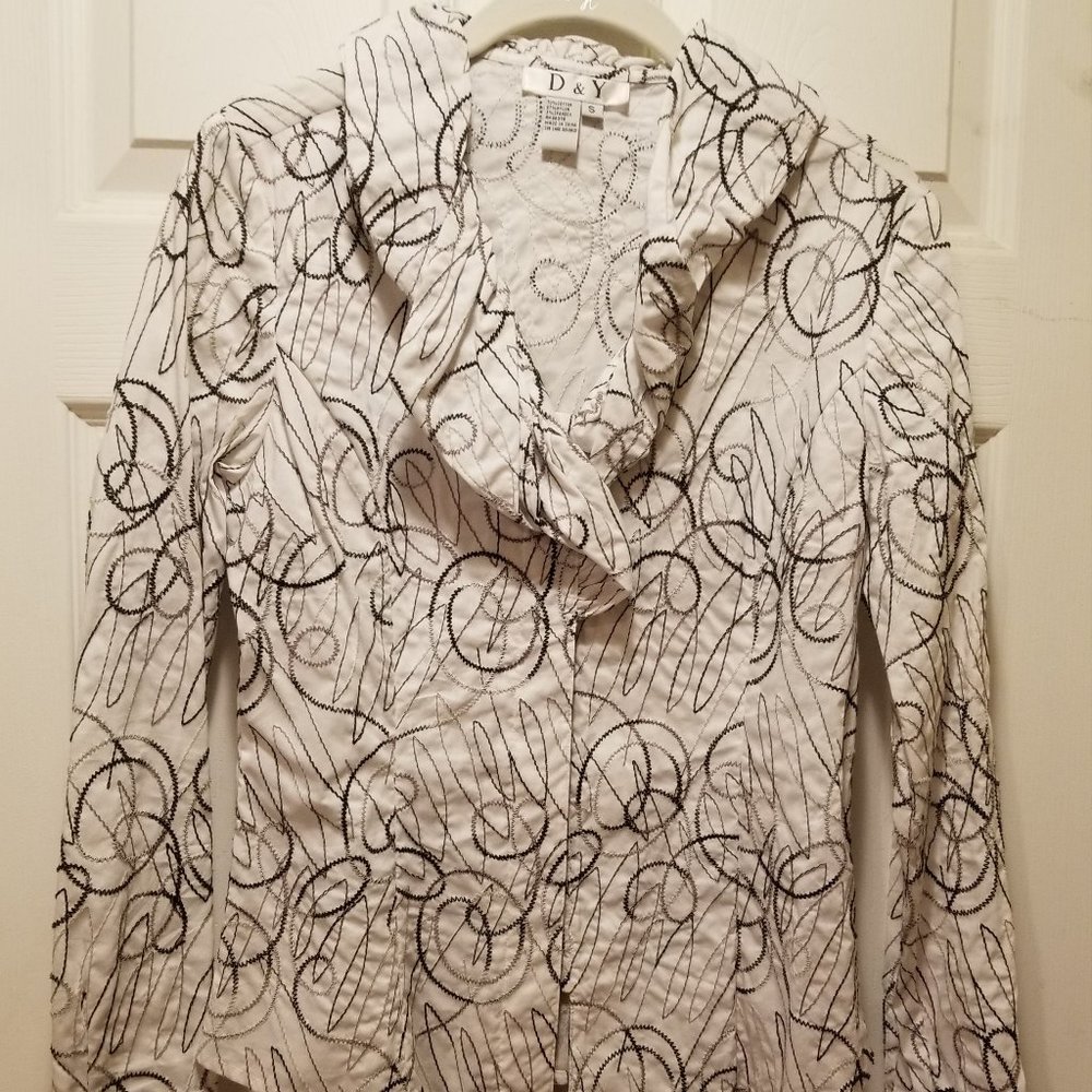 D&Y White Blouse/Jacket w/Black, Gray & Tan - S